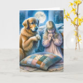 Meisje en Golden Retriever bidden en denken aan jo Kaart (Gele Bloem)