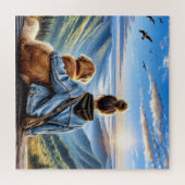 Meisje en Golden Retriever Op Een Bergtop Legpuzzel (Horizontaal)