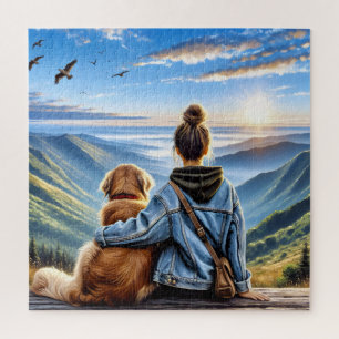 Meisje en Golden Retriever Op Een Bergtop Legpuzzel