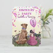 Meisje en haar Hond Paarse Verjaardagsfeestje Kaart (Staand voorkant)
