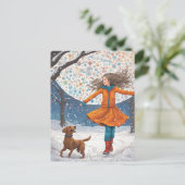 Meisje en Haar Hond Winter Geluk Briefkaart (Staand voorkant)