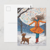 Meisje en Haar Hond Winter Geluk Briefkaart (Voorkant / Achterkant)