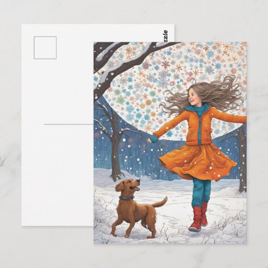 Meisje en Haar Hond Winter Geluk Briefkaart (Voorkant / Achterkant)