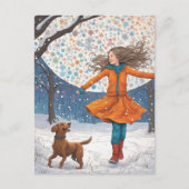 Meisje en Haar Hond Winter Geluk Briefkaart (Voorkant)