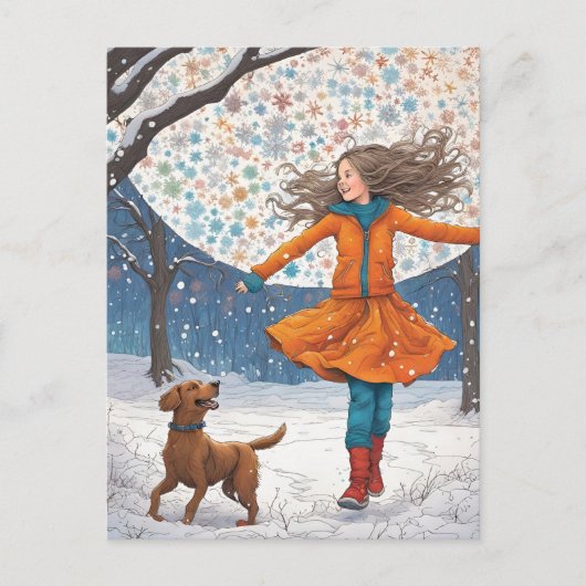 Meisje en Haar Hond Winter Geluk Briefkaart (Voorkant)