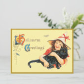 meisje en haar kat Halloween Kaart (Staand voorkant)