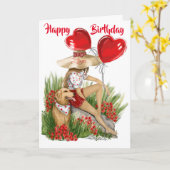 Meisje en haar labrador met hart ballonnen verjaar kaart (Gele Bloem)