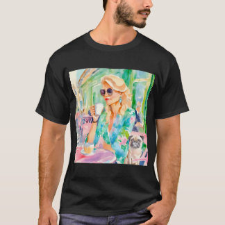 Meisje en haar pug in een Parijs café, watercolor T-shirt