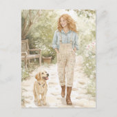 Meisje en haar puppy wandelen door Spring Garden Feestdagenkaart (Voorkant)