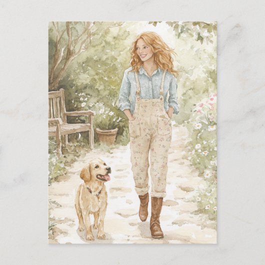 Meisje en haar puppy wandelen door Spring Garden Feestdagenkaart (Voorkant)