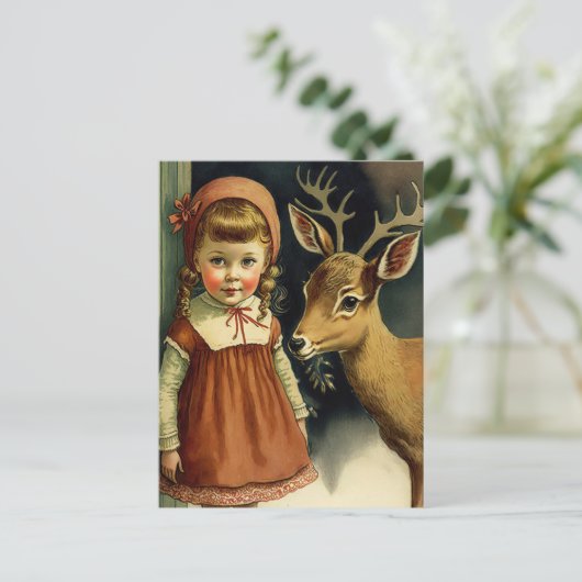 Meisje en herten Kerstmis winter vakantie kaart (Staand voorkant)