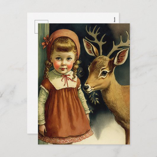 Meisje en herten Kerstmis winter vakantie kaart (Voorkant / Achterkant)