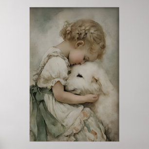 Meisje en hond antieke print, roestig saliegroen poster