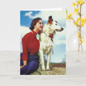  meisje en hond, geboortedag kaart (Gele Bloem)