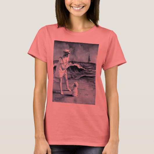 Meisje en hond op de  strand Victoriaans T-shirt (Voorkant)