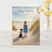 Meisje en hond op een strand voor verjaardag kaart (Gele Bloem)
