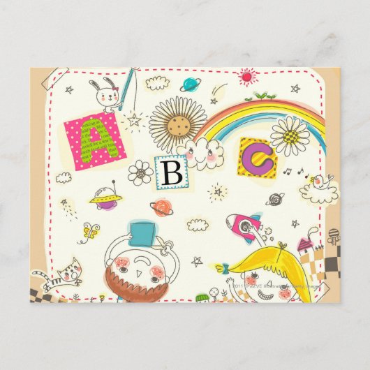 Meisje en jongen spelen op het bord briefkaart (Voorkant)