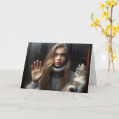 Meisje en Kat die Glasvenster aanraken Kaart (Gele Bloem)