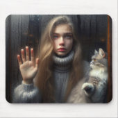 Meisje en Kat die Glasvenster aanraken Muismat (Voorkant)