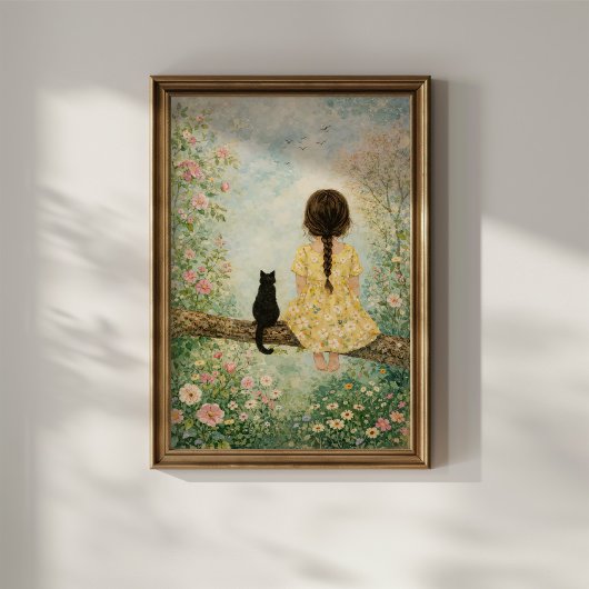 Meisje en kat in de lentetuin poster