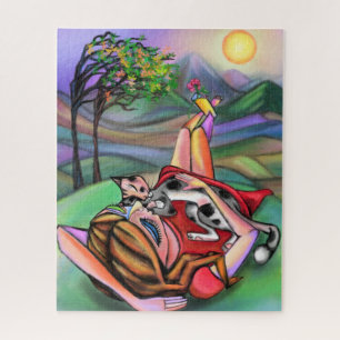 Meisje en kat in Natuur Kunststijl Oorspronkelijk Legpuzzel