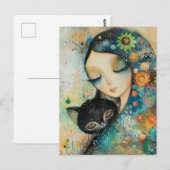 MEISJE EN KAT KUNST LEGPUZZEL BRIEFKAART (Voorkant / Achterkant)
