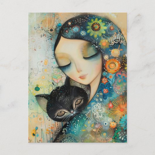 MEISJE EN KAT KUNST LEGPUZZEL BRIEFKAART (Voorkant)