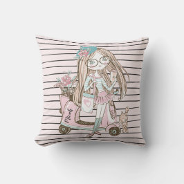 Meisje en kat met scooter Stripes, aangepaste naam Buitenkussen