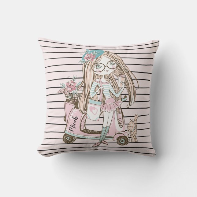 Meisje en kat met scooter Stripes, aangepaste naam Buitenkussen (Voorkant)