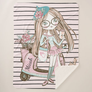 Meisje en kat met scooter Stripes, aangepaste naam Sherpa Deken