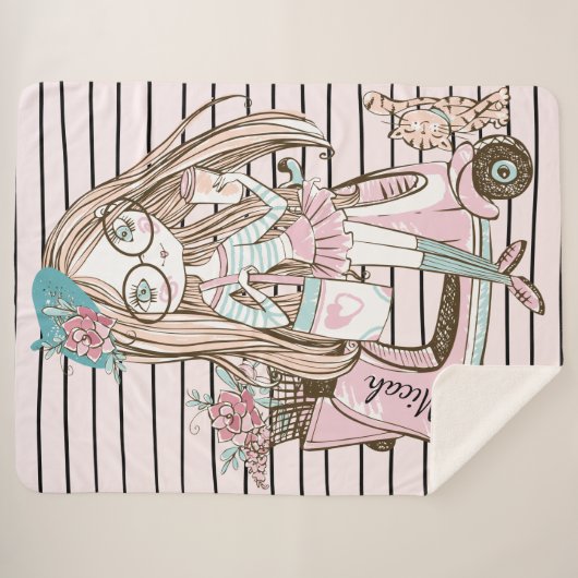 Meisje en kat met scooter Stripes, aangepaste naam Sherpa Deken (Voorkant (horizontaal))