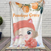 Meisje en kat Oranje Rozen + Aangepaste naam Sherpa Deken