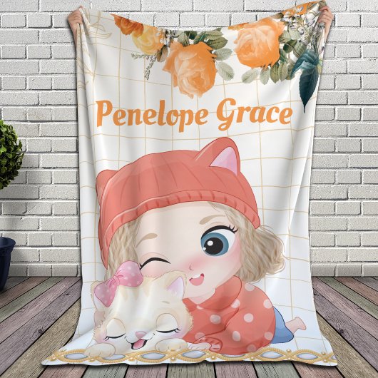 Meisje en kat Oranje Rozen + Aangepaste naam Sherpa Deken