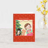 Meisje en katten met Gingerbrood Sweet Kerstmis Kaart (Gele Bloem)