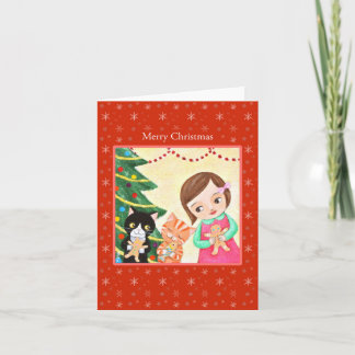 Meisje en katten met kerstman van gemberkoek Zoete Kaart