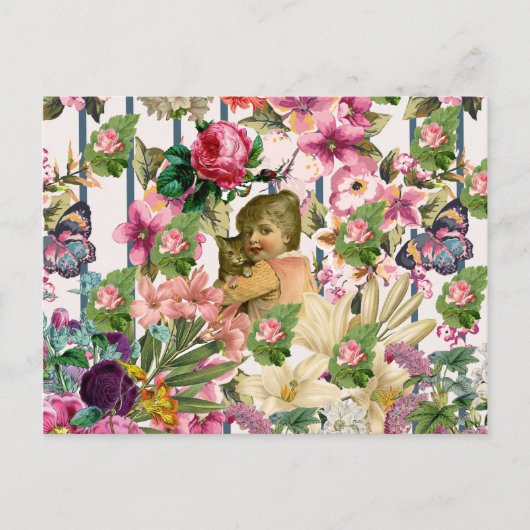  meisje en katten Rozen bloemen patroon Briefkaart (Voorkant)
