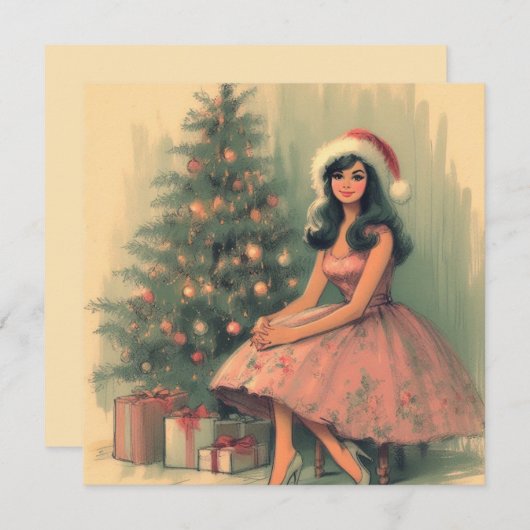Meisje en kerstboom  Retro Illustratie Feestdagenkaart (Voorkant / Achterkant)
