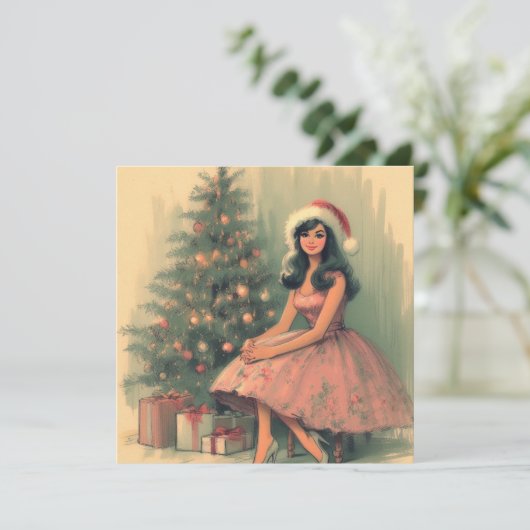Meisje en kerstboom  Retro Illustratie Feestdagenkaart (Staand voorkant)