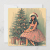 Meisje en kerstboom  Retro Illustratie Feestdagenkaart (Voorkant)