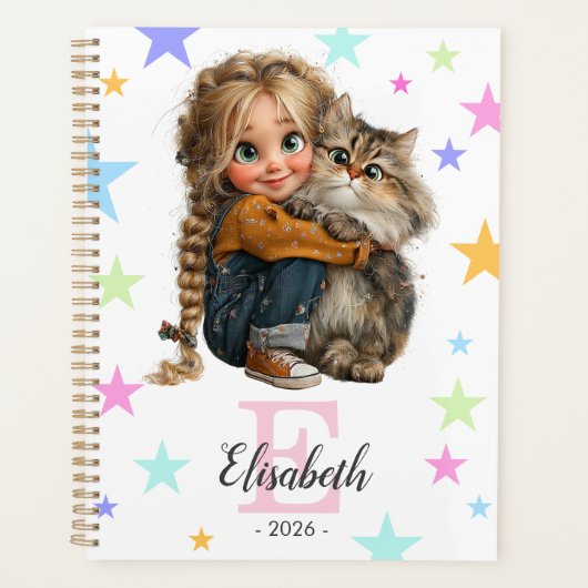 Meisje en Kitten Monogram Elke Initiaal & Naam Planner (Voorkant)