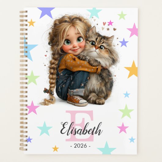 Meisje en Kitten Monogram Elke Initiaal & Naam Planner (Voorkant)