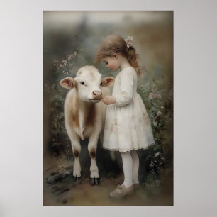 Meisje en koeprint Antieke boerderij Cottagecore Poster
