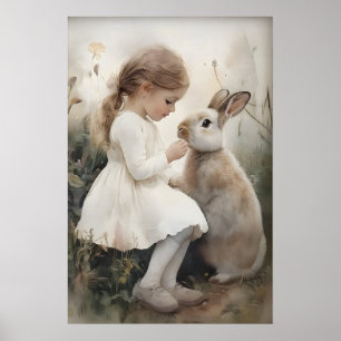 Meisje en konijn Bunny Print, Paashaas dorp Poster