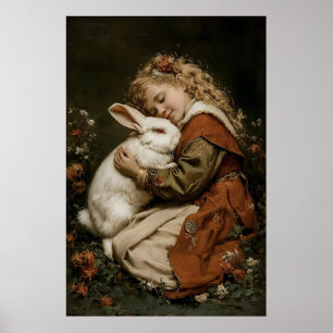 Meisje en konijn print, antieke konijn afdrukbaar poster
