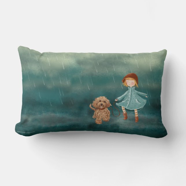 Meisje en Labradoedle in de regen Kussen (Voorkant)