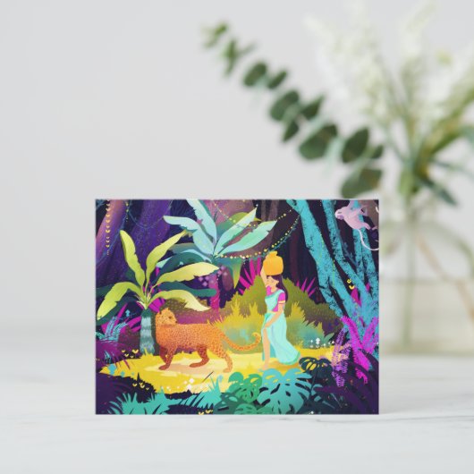 Meisje en luipaard in het regenwoud briefkaart (Staand voorkant)