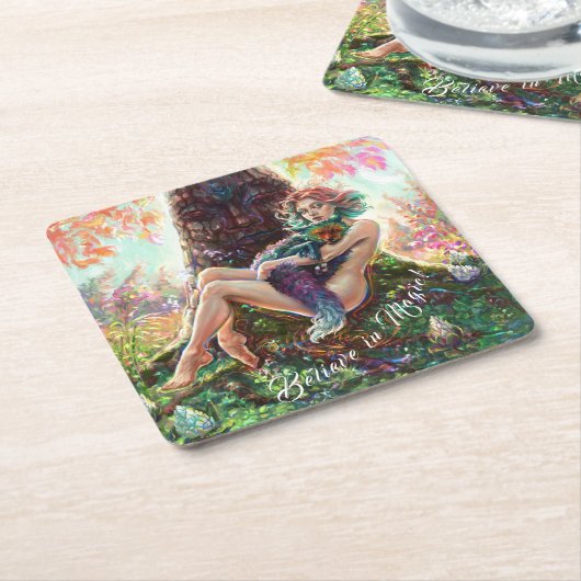 Meisje en Magicfox fantasy weide kunst monogram Kartonnen Onderzetters (Schuin)