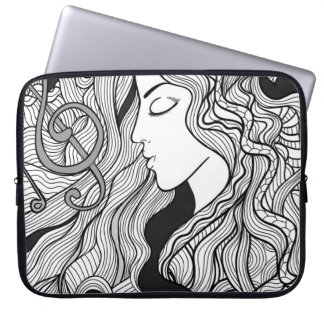 Meisje en muziek.  illustratie. Zwarte buitenlijn Laptop Sleeve