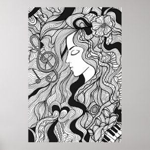 Meisje en muziek.  illustratie. Zwarte buitenlijn Poster