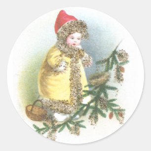 Meisje en Nest Vintage Kerstmis Ronde Sticker